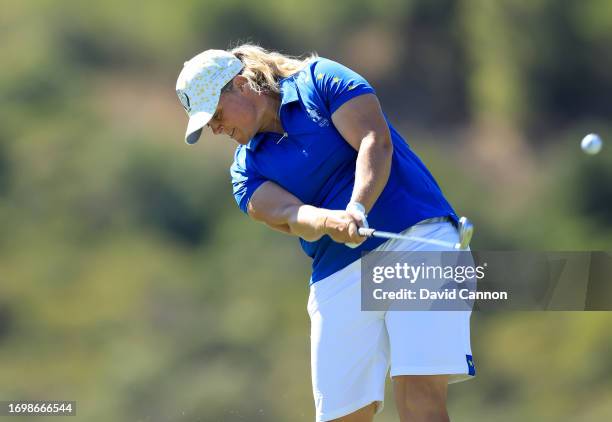 Caroline Hedwall of The European Team plays her third shot on the second hole in her match against Ally Ewing during the final day singles matches on...