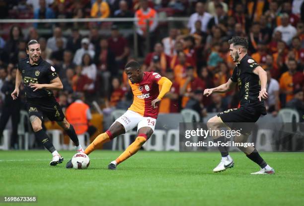 Wilfried Zaha of Galatasaray scores his team's first goal during the Turkish Super League match between Galatasaray and MKE Ankaragucu at Rams Park...