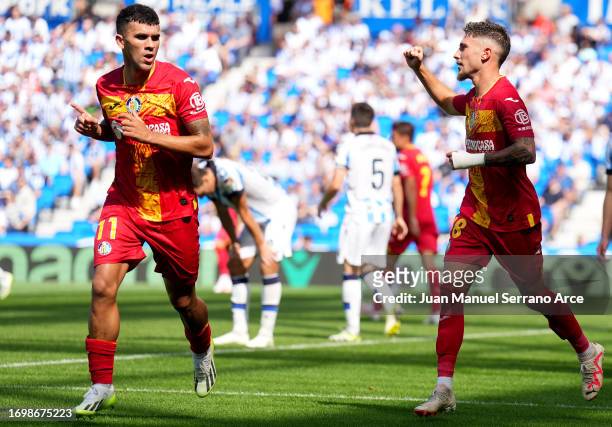 Carles Alena of Getafe CF celebrates after scoring the team's first goal during the LaLiga EA Sports match between Real Sociedad and Getafe CF at...