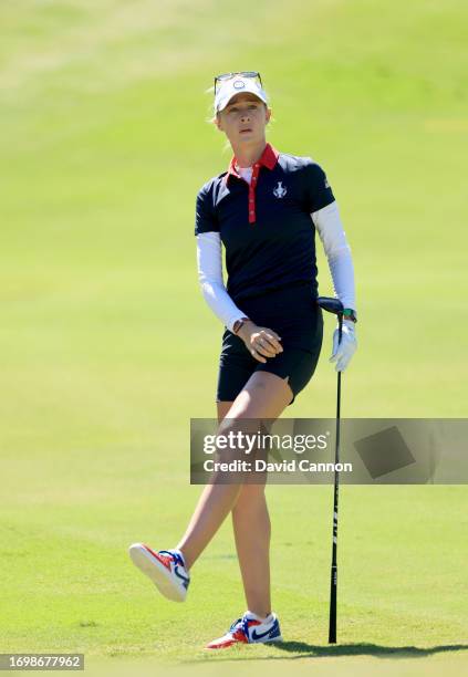 Nelly Korda of The United States Team reacts to her second shot on the second hole in her match against Carlotta Ciganda during the final day singles...