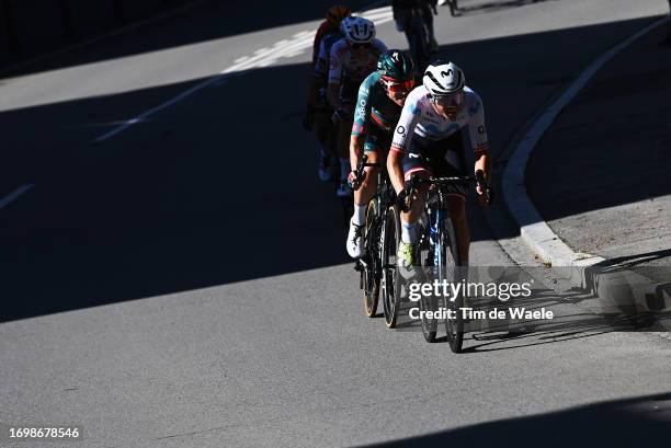 Bob Jungels of Luxembourg and Team BORA - hansgrohe and Gregor Muhlberger of Austria and Movistar Team compete in the breakaway during the 83rd Skoda...