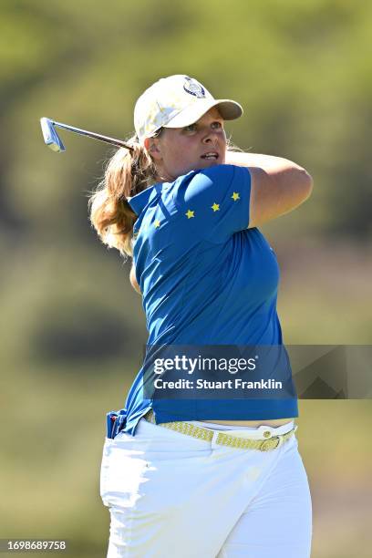 Caroline Hedwall of Team Europe plays her shot on the second hole during Day Three of The Solheim Cup at Finca Cortesin Golf Club on September 24,...