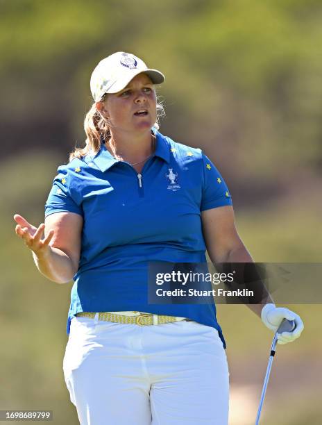 Caroline Hedwall of Team Europe reacts after her shot on the second hole during Day Three of The Solheim Cup at Finca Cortesin Golf Club on September...