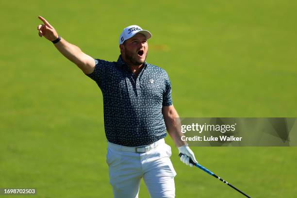 Zander Lombard of South Africa plays his second shot on the 9th hole during Day Four of the Cazoo Open de France at Le Golf National on September 24,...