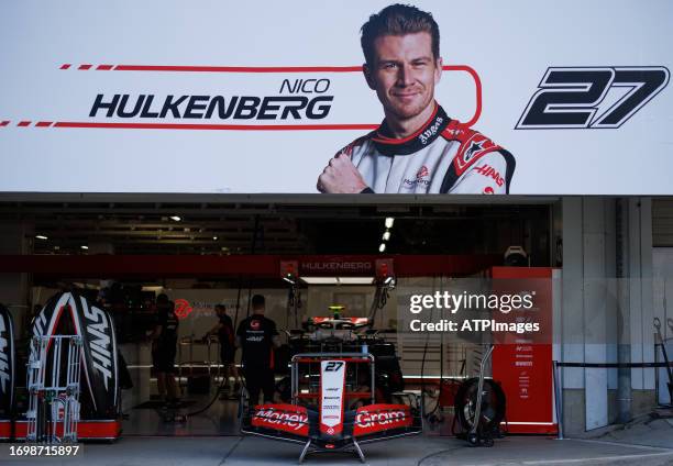 Garage of Nico Hulkenberg of Germany driving the Haas F1 VF-23 Ferrari during qualifying ahead of the F1 Grand Prix of Japan at Suzuka International...