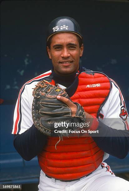 Sandy Alomar Jr of the Cleveland Indians poses for this portrait in the dugout before the start of a Major League Baseball game circa 1990 at...