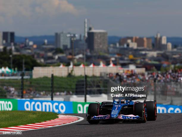 Esteban Ocon of France driving the Alpine A523 Renault on track during qualifying ahead of the F1 Grand Prix of Japan at Suzuka International Racing...