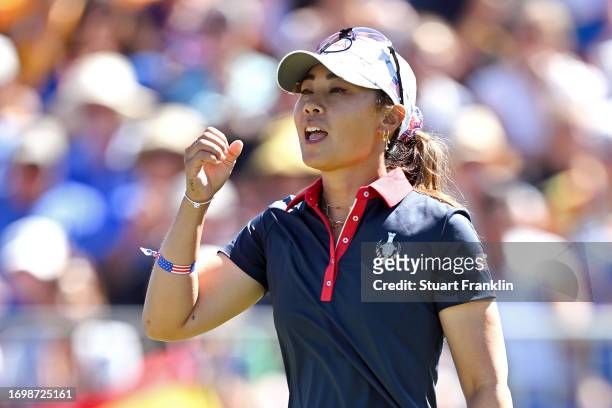 Danielle Kang of Team USA celebrates a par on the 15th green during Day Three of The Solheim Cup at Finca Cortesin Golf Club on September 24, 2023 in...