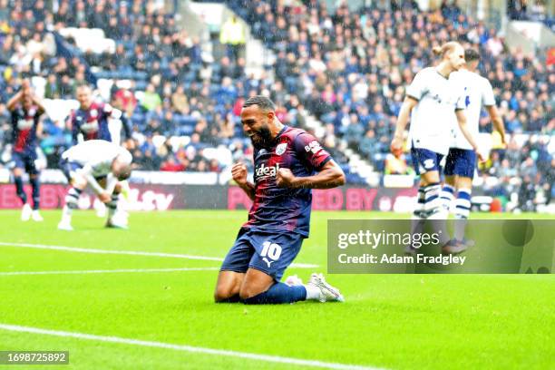 Matt Phillips of West Bromwich Albion celebrates after scoring a goal to make it 0-3 during the Sky Bet Championship match between Preston North End...