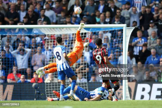 Dominic Solanke of AFC Bournemouth scores the team's first goal during the Premier League match between Brighton & Hove Albion and AFC Bournemouth at...