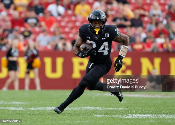 Running back Abu Sama III of the Iowa State Cyclones rushes for yards in the second half of play at Jack Trice Stadium on September 23, 2023 in Ames,...