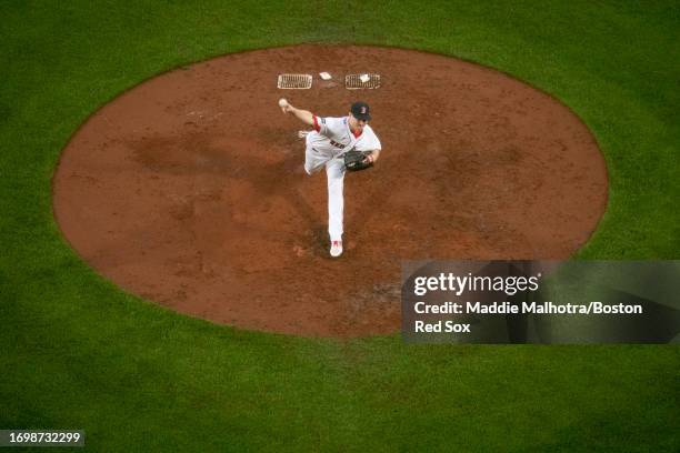 Josh Winckowski of the Boston Red Sox pitches during the eighth inning of a game against the Chicago White Sox on September 23, 2023 at Fenway Park...