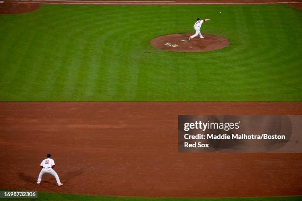 Josh Winckowski of the Boston Red Sox pitches during the eighth inning of a game against the Chicago White Sox on September 23, 2023 at Fenway Park...