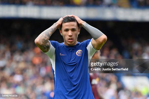 Enzo Fernandez of Chelsea reacts during the Premier League match between Chelsea FC and Aston Villa at Stamford Bridge on September 24, 2023 in...