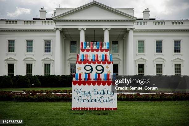 Wooden cake honoring the 99th birthday of former U.S. President Jimmy Carter is seen on the north lawn of the White House on September 30, 2023 in...