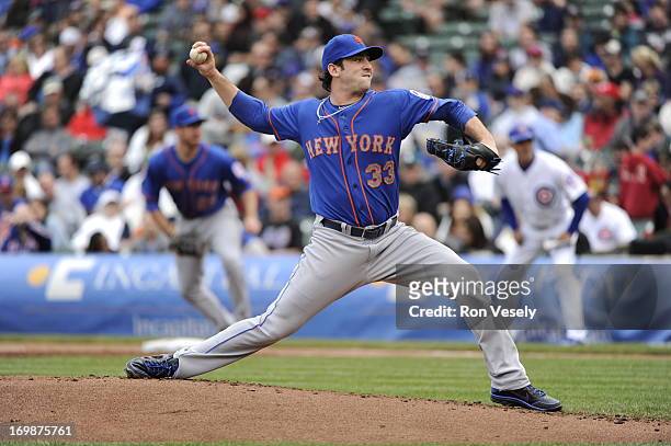Matt Harvey of the New York Mets pitches against the Chicago Cubs on May 17, 2013 at Wrigley Field in Chicago, Illinois. The Mets defeated the Cubs...