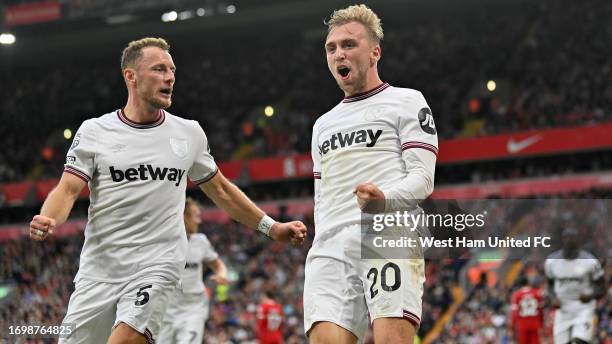 Jarrod Bowen of West Ham United celebrates after scoring during the Premier League match between Liverpool FC and West Ham United at Anfield on...