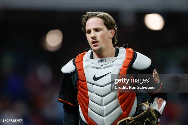 Adley Rutschman of the Baltimore Orioles plays against the Cleveland Guardians during the second inning at Progressive Field on September 22, 2023 in...