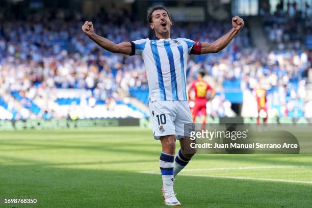 Mikel Oyarzabal of Real Sociedad celebrates after scoring the team's fourth goal during the LaLiga EA Sports match between Real Sociedad and Getafe...