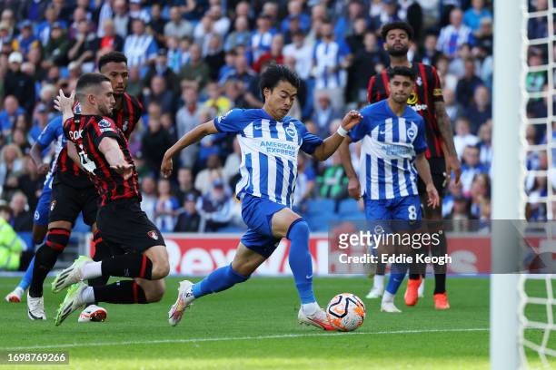 Kaoru Mitoma of Brighton & Hove Albion scores the team's second goal during the Premier League match between Brighton & Hove Albion and AFC...