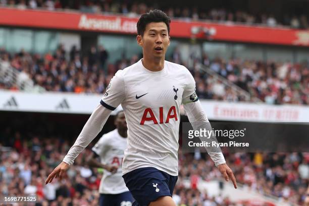 Heung-Min Son of Tottenham Hotspur celebrates after scoring the team's second goal during the Premier League match between Arsenal FC and Tottenham...