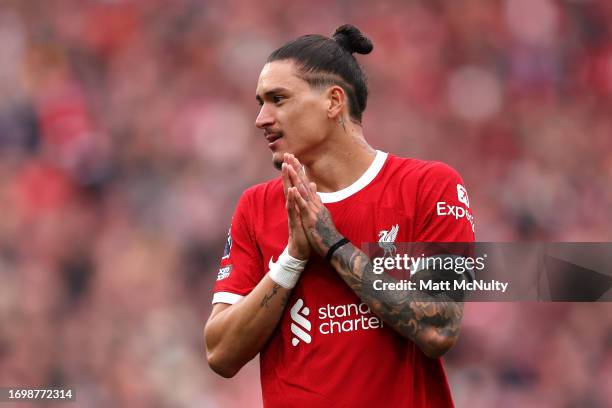 Darwin Nunez of Liverpool reacts after a missed chance during the Premier League match between Liverpool FC and West Ham United at Anfield on...