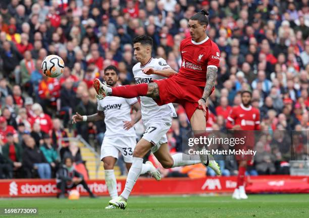 Darwin Nunez of Liverpool scores the team's second goal during the Premier League match between Liverpool FC and West Ham United at Anfield on...