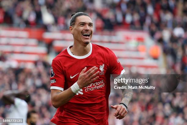 Darwin Nunez of Liverpool celebrates after scoring the team's second goal during the Premier League match between Liverpool FC and West Ham United at...