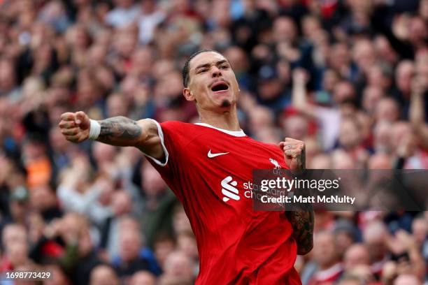 Darwin Nunez of Liverpool celebrates after scoring the team's second goal during the Premier League match between Liverpool FC and West Ham United at...