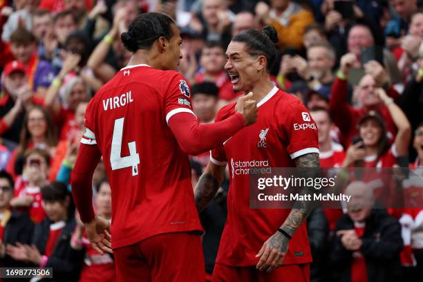 Darwin Nunez of Liverpool celebrates after scoring the team's second goal during the Premier League match between Liverpool FC and West Ham United at...