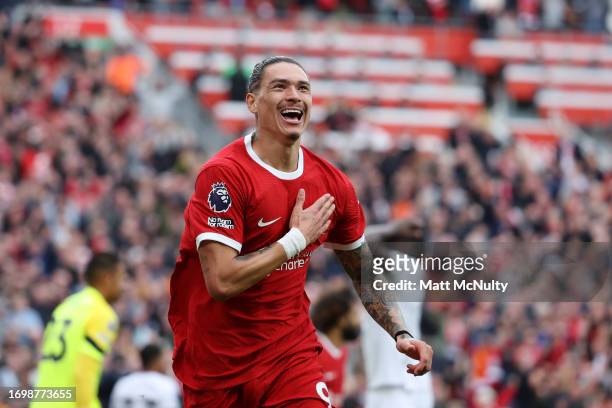 Darwin Nunez of Liverpool celebrates after scoring the team's second goal during the Premier League match between Liverpool FC and West Ham United at...
