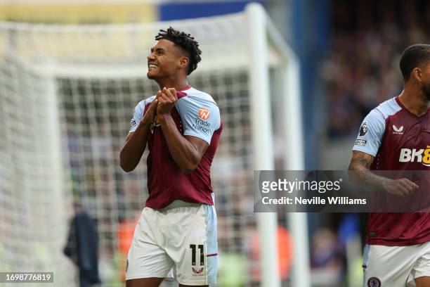 Ollie Watkins of Aston Villa celebrates his goal during the Premier League match between Chelsea FC and Aston Villa at Stamford Bridge on September...