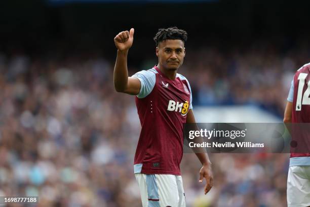 Ollie Watkins of Aston Villa celebrates his goal during the Premier League match between Chelsea FC and Aston Villa at Stamford Bridge on September...