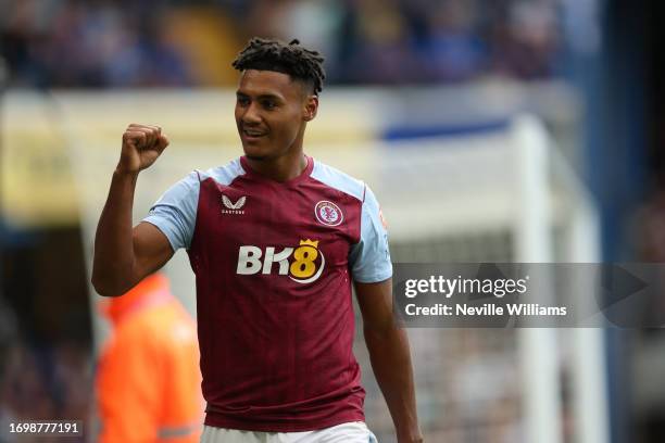 Ollie Watkins of Aston Villa celebrates his goal during the Premier League match between Chelsea FC and Aston Villa at Stamford Bridge on September...