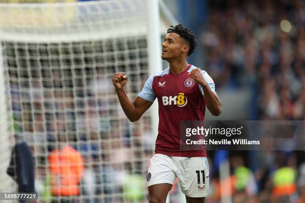 Ollie Watkins of Aston Villa celebrates his goal during the Premier League match between Chelsea FC and Aston Villa at Stamford Bridge on September...