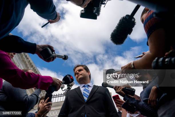 House Freedom Caucus member Rep. Matt Gaetz speaks with members of the media on the House steps on September 30, 2023 in Washington, DC. The...