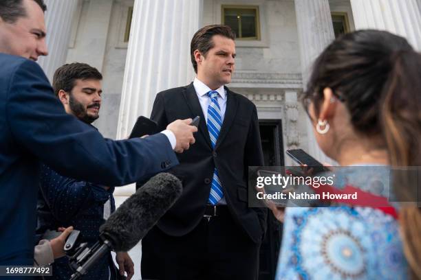 House Freedom Caucus member Rep. Matt Gaetz speaks with members of the media on the House steps on September 30, 2023 in Washington, DC. The...