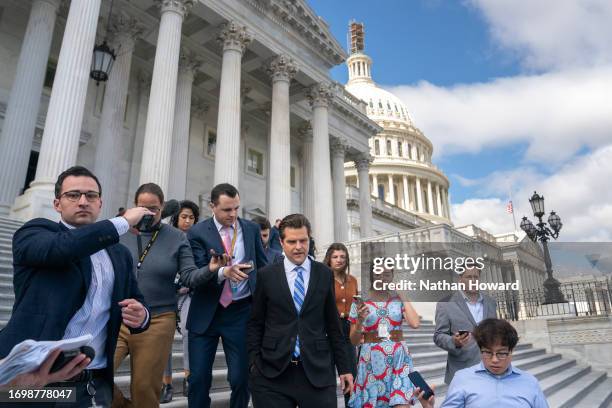 House Freedom Caucus member Rep. Matt Gaetz speaks with members of the media on the House steps on September 30, 2023 in Washington, DC. The...