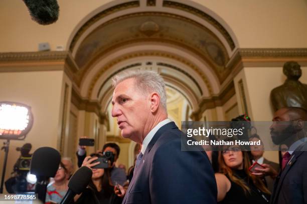 House Speaker Kevin McCarthy speaks with members of the media in the U.S. Capitol on September 30, 2023 in Washington, DC. The government is expected...