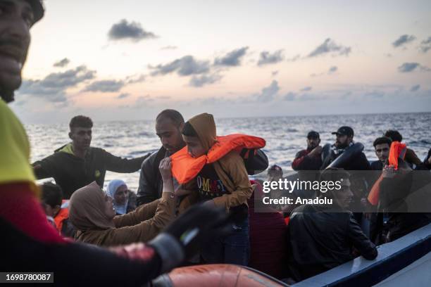 Migrants of different 14 nationalities are rescued by the Spanish NGO Open Arms in international waters, at sea on September 30, 2023. 178 migrants...