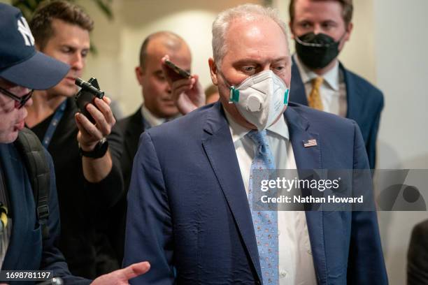 House Majority Leader Steve Scalise speaks with members of the media following a Republican House caucus meeting on September 30, 2023 in Washington,...