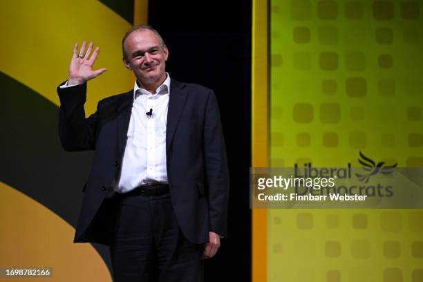 Sir Ed Davey, leader of the Liberal Democrats, takes a question and answer session at Bournemouth International Centre on September 24, 2023 in...