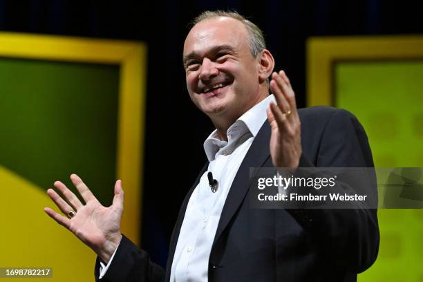 Sir Ed Davey, leader of the Liberal Democrats, takes a question and answer session at Bournemouth International Centre on September 24, 2023 in...