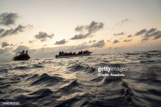 Migrants of different 14 nationalities are rescued by the Spanish NGO Open Arms in international waters, at sea on September 30, 2023. 178 migrants...