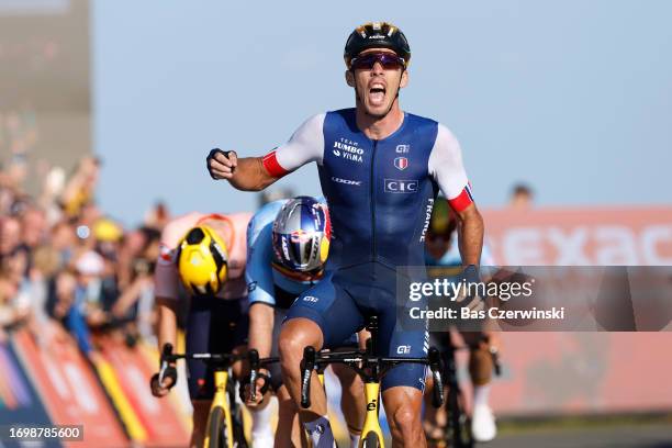 Christophe Laporte of France celebrates at finish line as race winner during the 29th UEC Road Cycling European Championships 2023 - Elite Men´s Road...
