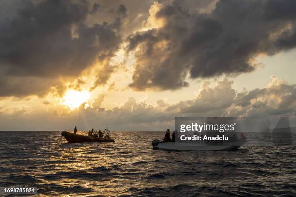 Migrants of different 14 nationalities are rescued by the Spanish NGO Open Arms in international waters, at sea on September 30, 2023. 178 migrants...