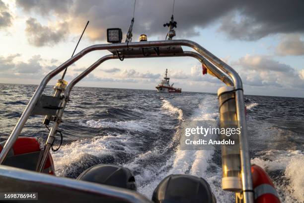 Migrants of different 14 nationalities are rescued by the Spanish NGO Open Arms in international waters, at sea on September 30, 2023. 178 migrants...