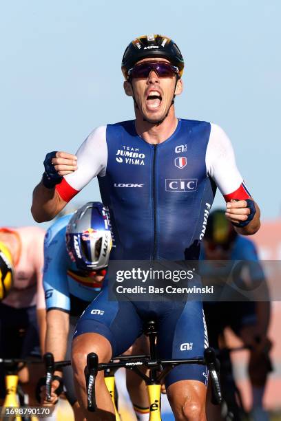 Christophe Laporte of France celebrates at finish line as race winner during the 29th UEC Road Cycling European Championships 2023 - Elite Men´s Road...