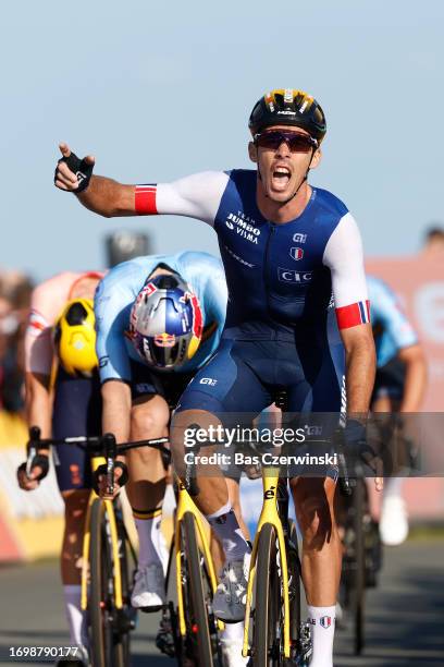 Christophe Laporte of France celebrates at finish line as race winner during the 29th UEC Road Cycling European Championships 2023 - Elite Men´s Road...