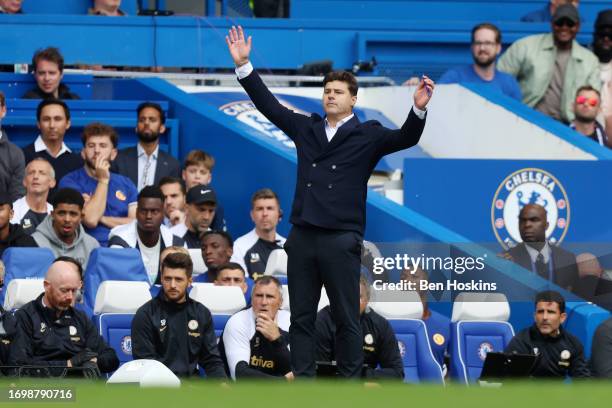 Mauricio Pochettino, Manager of Chelsea, reacts during the Premier League match between Chelsea FC and Aston Villa at Stamford Bridge on September...